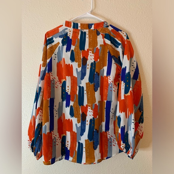 NWOT V Neck Boho Ballon Sleeve Mixed Print Light Weight Long Sleeve Top - Picture 5 of 8